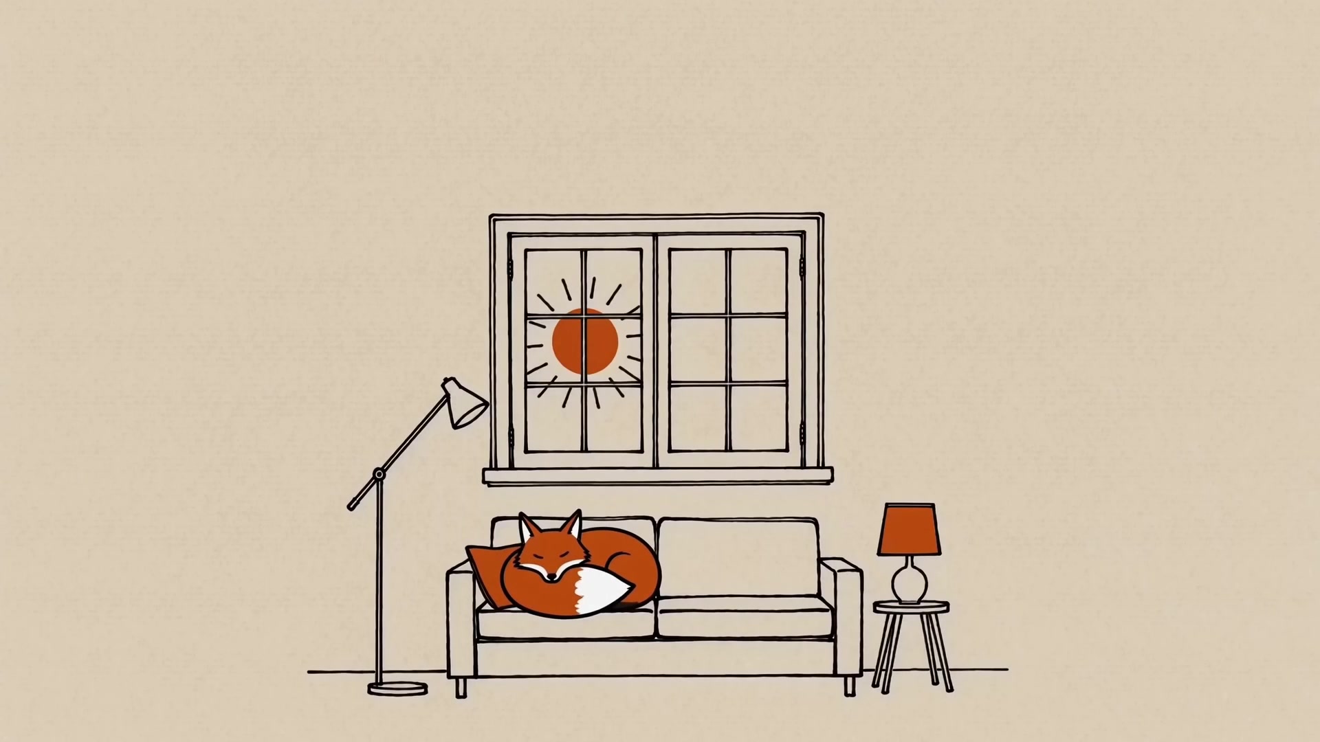 A sketched living room in morning sun, the fox curled asleep on the couch